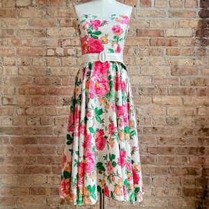 Vintage Vibrant Floral Strapless Midi Dress